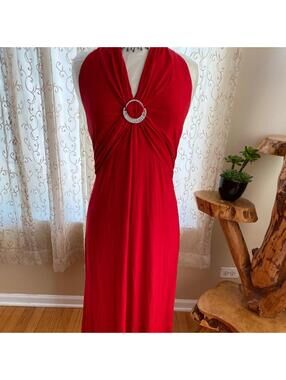 Sally Red Halter Evening Dress with Rhinestone Detail, Size XL
